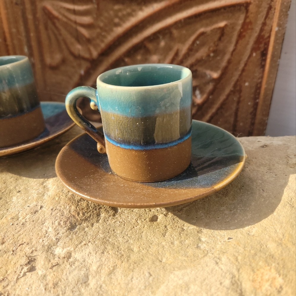 espresso demitasse ceramic, blue and brown cup and saucer